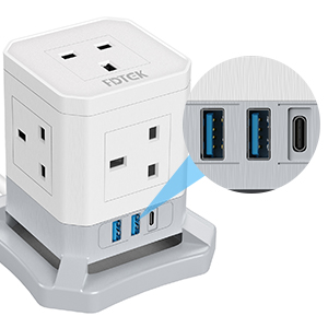 Cube Extension Lead with USB Slots, FDTEK 5 Gang Extension Cable with 2 USB A & 1 USB C Slots, Multi Plug Extension Socket With 1.5M Cord and Switch Power Strip for Home Office 19 Multiple USB Socket