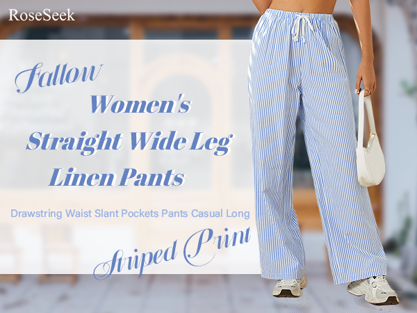 RoseSeek Women's Striped Print Straight Wide Leg Linen Pants RoseSeek Women's Striped Print Straight Wide Leg Linen Pants