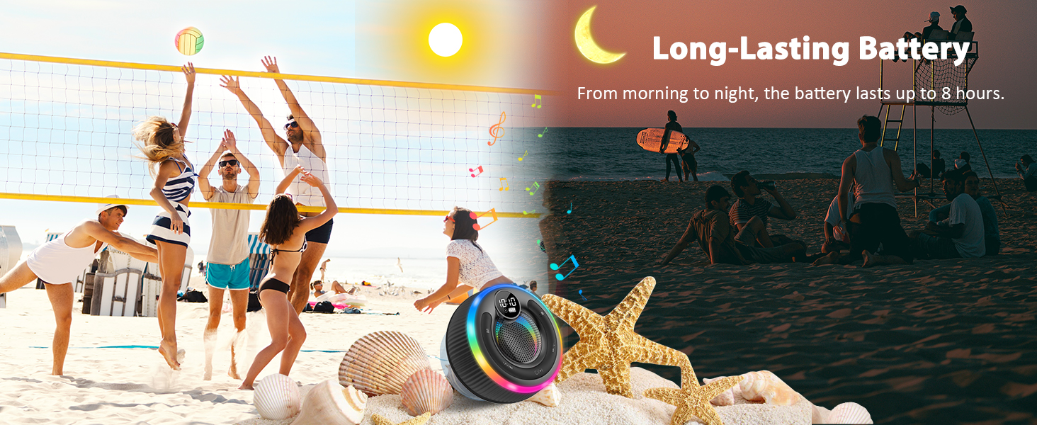 Split image: People playing beach volleyball. Starfish and speaker on sand. Text overlay: 'Long-Lasting Battery' with sun and moon icons.
