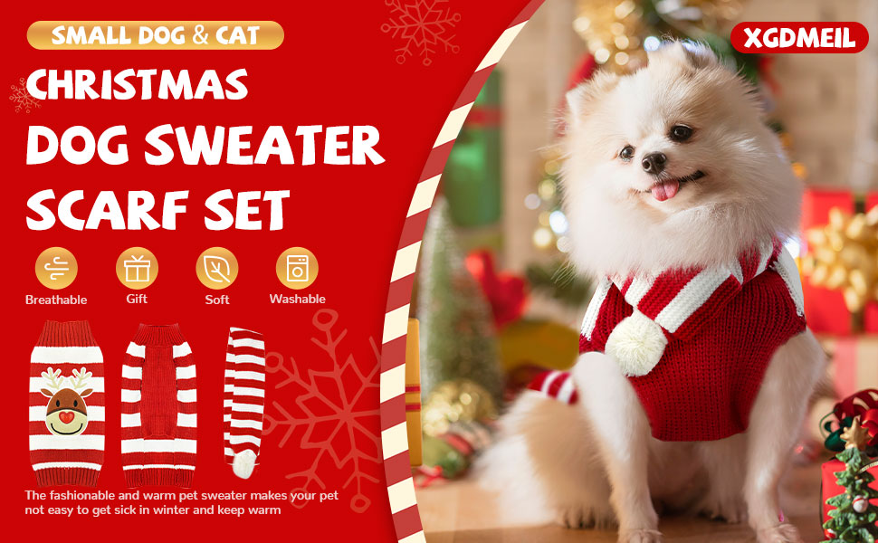 XGDMEIL Dog Christmas Sweater Scarf Cute Striped Reindeer