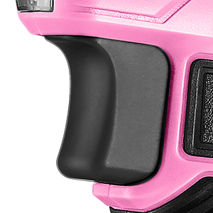 Close-up of a pink and black ergonomic grip or handle section with textured surface details.