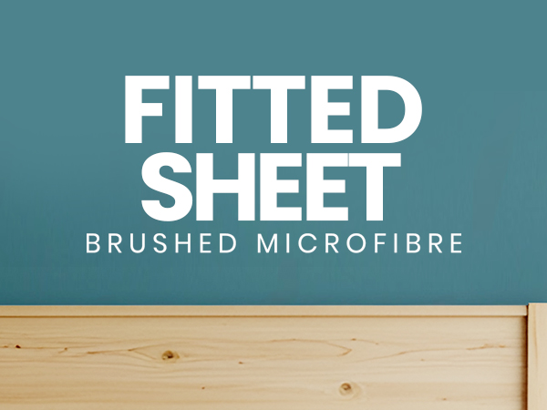 Product advertisement for fitted sheet made of brushed microfibre. Text displayed on teal background above wooden surface, emphasizing product type and material.