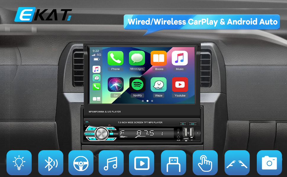 Single Din Flip Out Screen Car Stereo with Wireless Carplay
