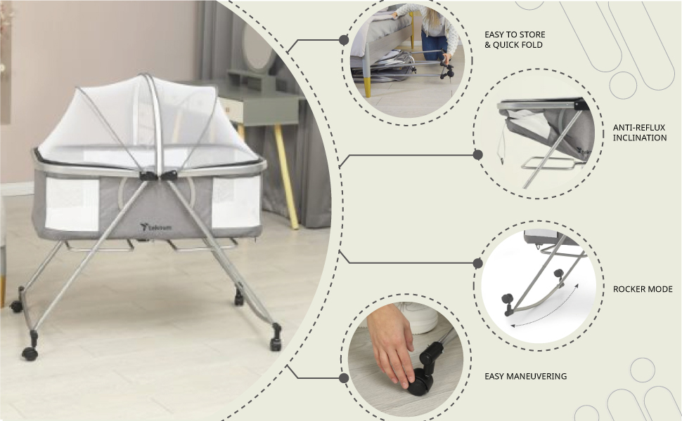 Teknum 3-IN-1 Baby Cot/Cradle w/ Mosquito net & Wheels - Dark Grey