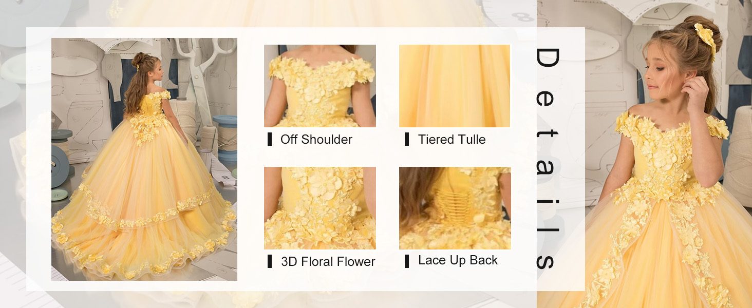Tulle Off Shoulder Flower Girl Dresses 3D Floral Princess Ball Gown Tulle Pageant Dress