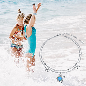 Sterling Silver Created Opal Sea Turtle Layered Anklet with Starfish Charm Ocean Jewelry