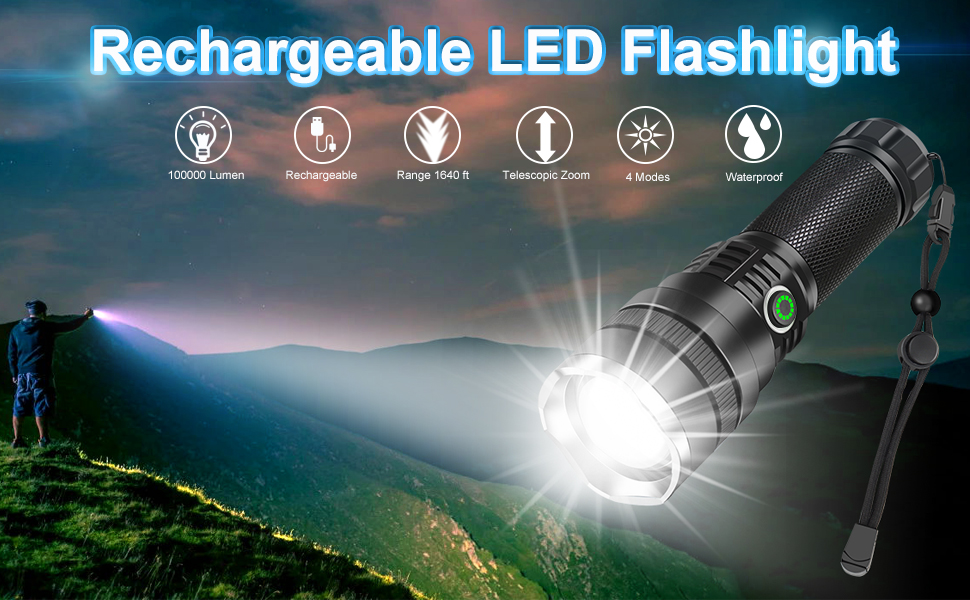 Rechargeable Flashlights,100000 Lumens Super Bright Tactical Flashlight, Zoomable