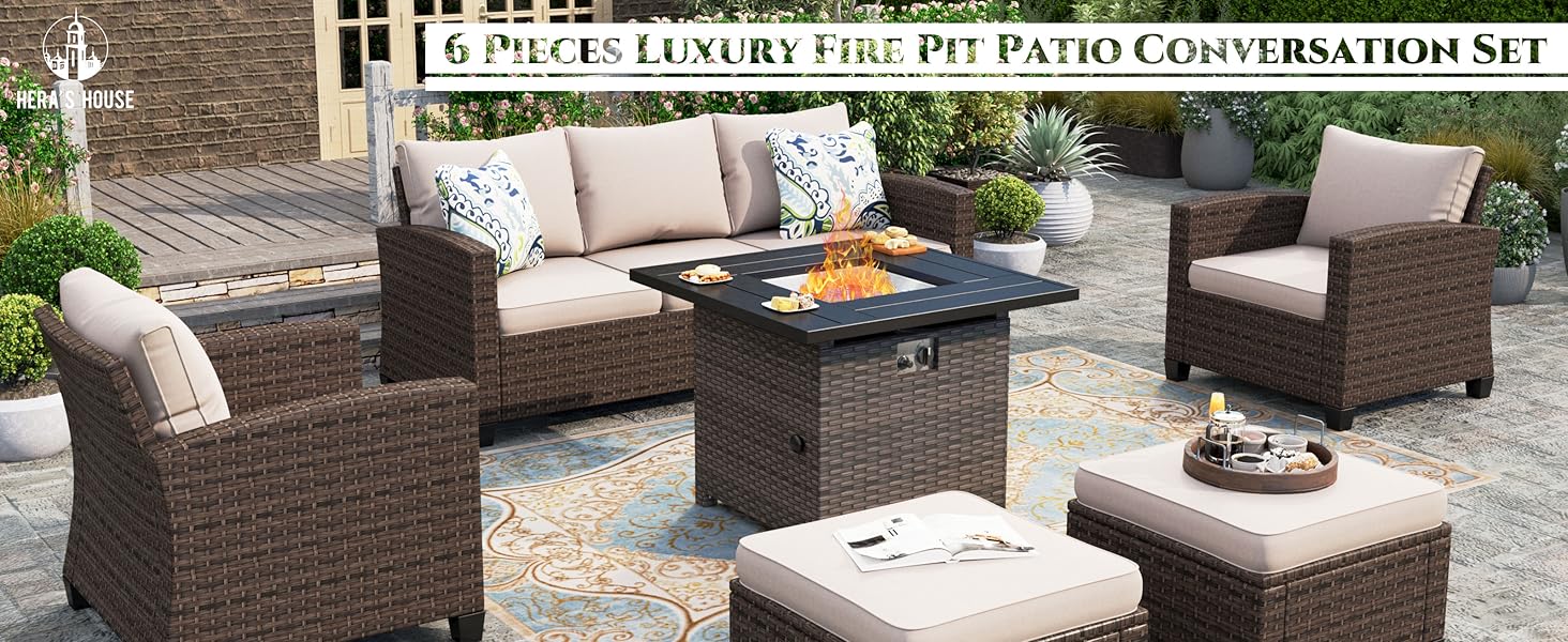 HERA'S HOUSE 6 Pieces Wicker Patio Furniture Set with Fire