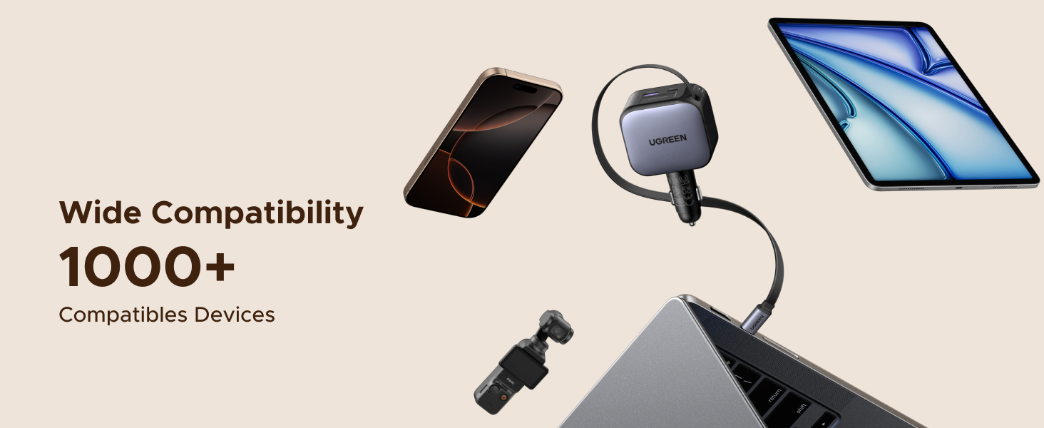 UGREEN Nexode Car Charger 145W with Retractable USB-C Cable is a highly compatible travel charger that supports over 1000 devices, making it the perfect companion for power on the go.