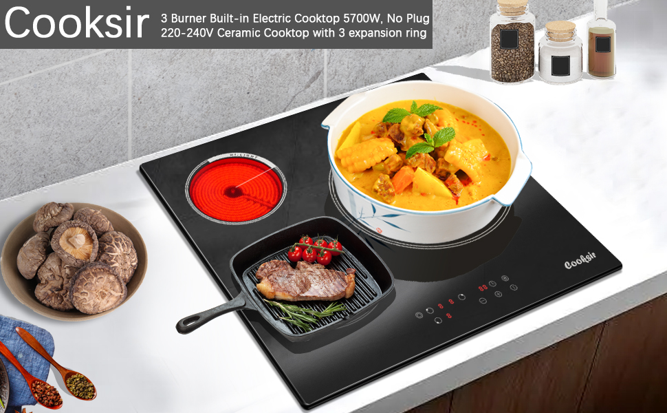Cooksir 24 Inch Electric Cooktop, 3 Burner Builtin Ceramic