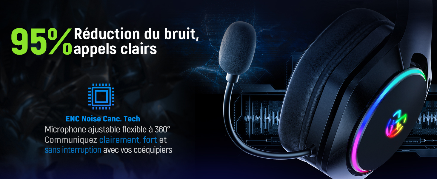 avec éclairage RGB et microphone antibruit. Annonce une réduction du bruit de 95 % pour une communication claire pendant le jeu