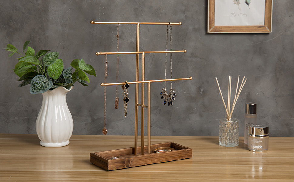 3-Tier Gold Metal T-Bar Jewelry Organizer Stand