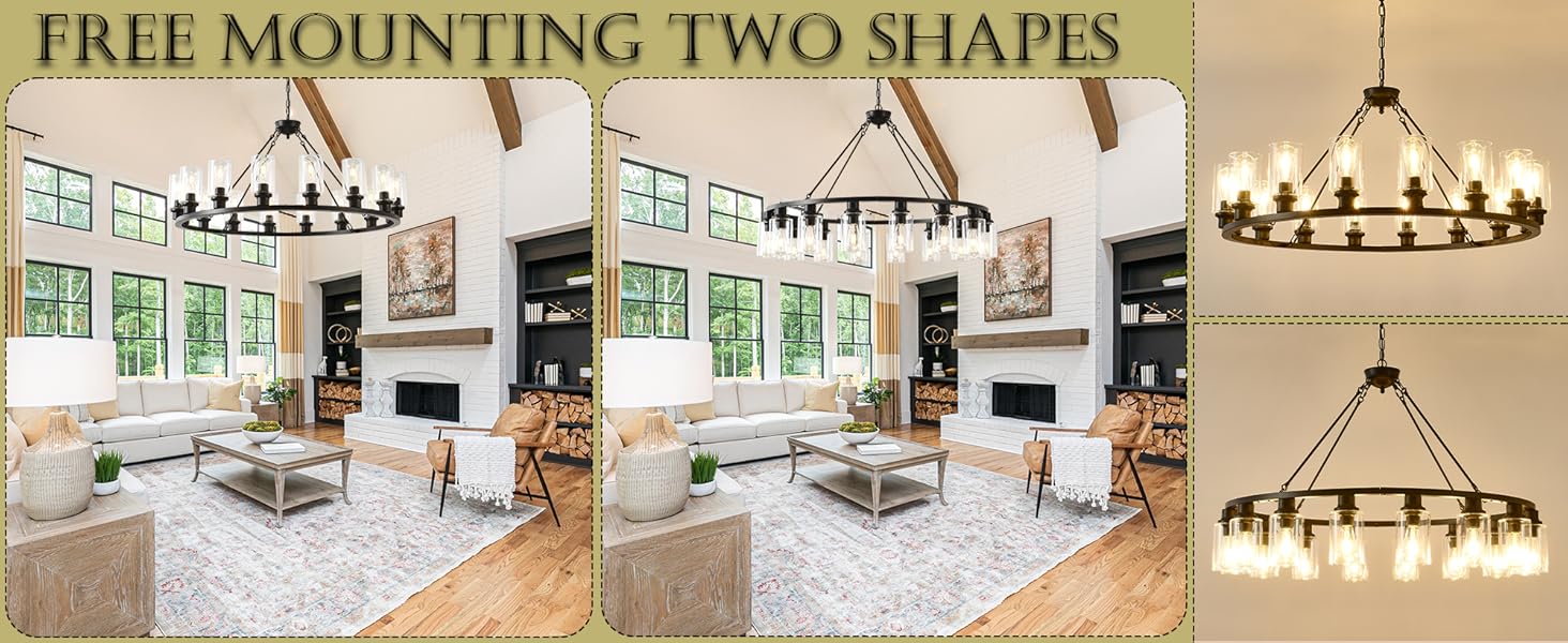 Glass Shade Up or Down 16-Light Black Chandelier,Wagon Wheel Chandelier with Glass Shade