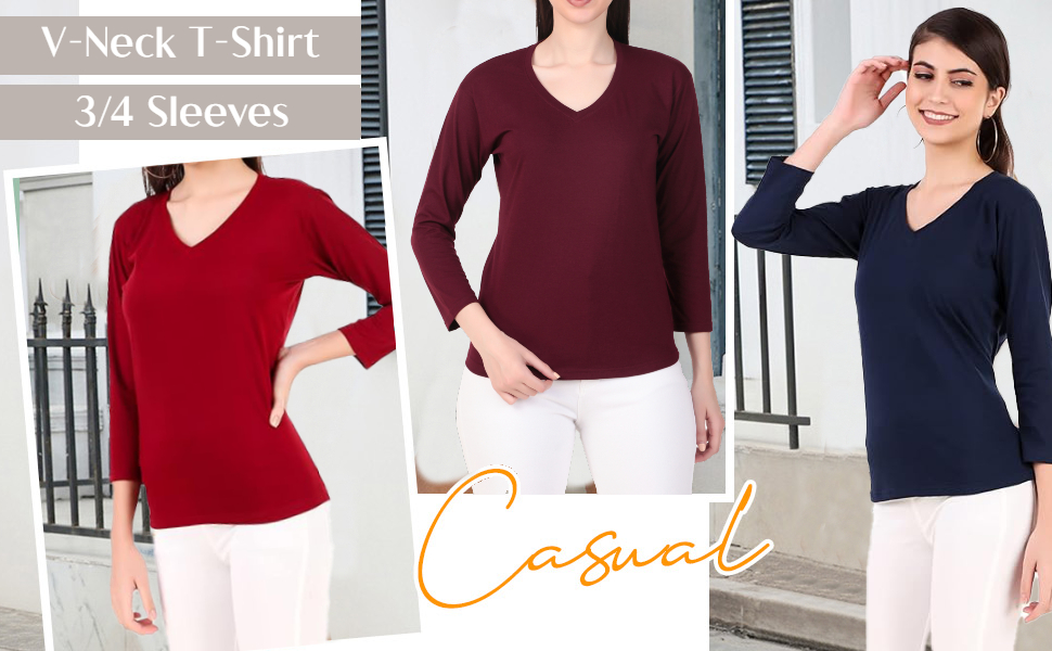 Sundish Women's 3/4 Sleeves Regular Fit V-Neck Cotton T-Shirt