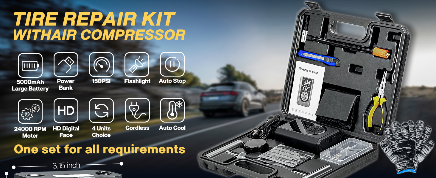 FRIWOLE Tire Repair Kit with Portable Air Compressor, Tire