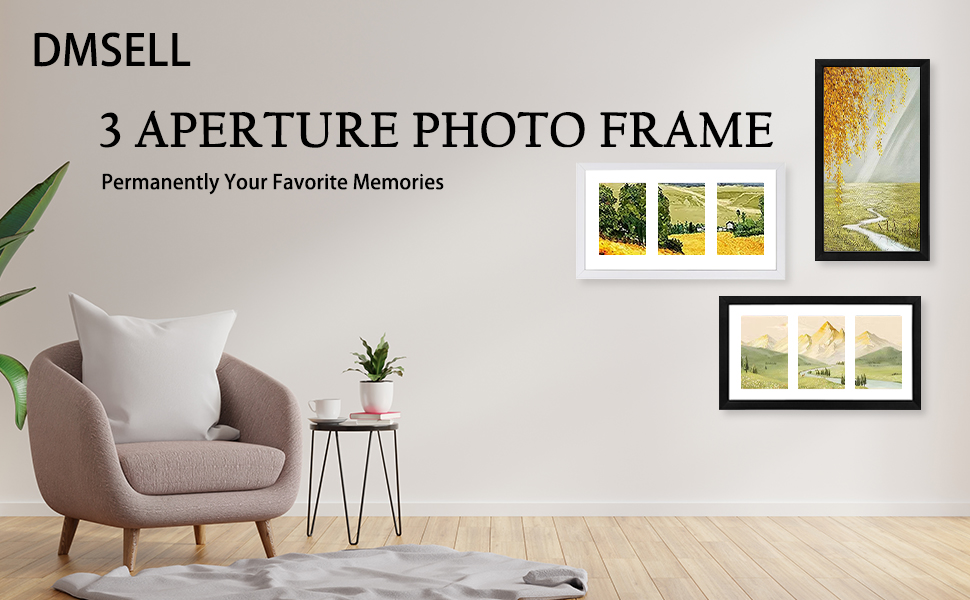 DMSELL 3 Aperture Photo Frame 6x4 Black with Mount, Multiple Picture
