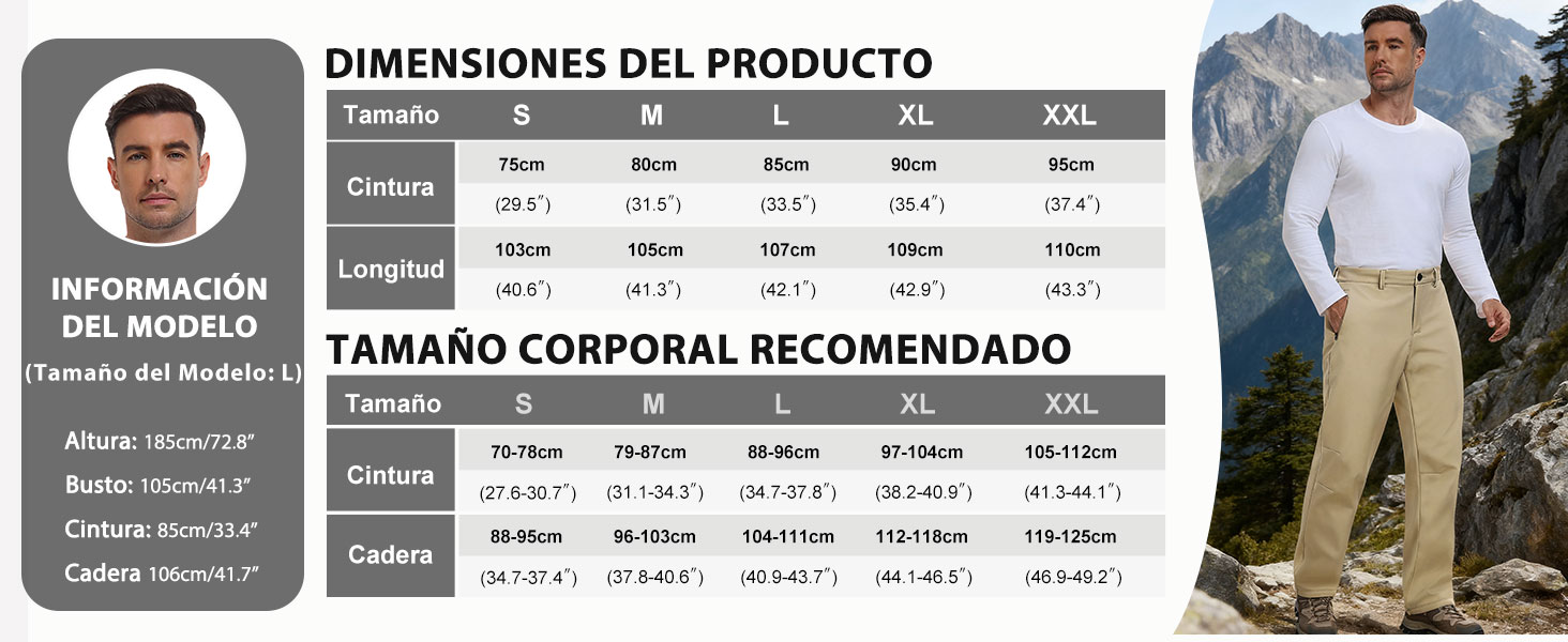 El texto dice «DIMENSIONES DEL PRODUCTO» y «TAMAÑO CORPORAL RECOMENDADO». Tabla de tallas que muestra las medidas del producto y las tallas corporales recomendadas en formato tabular.
