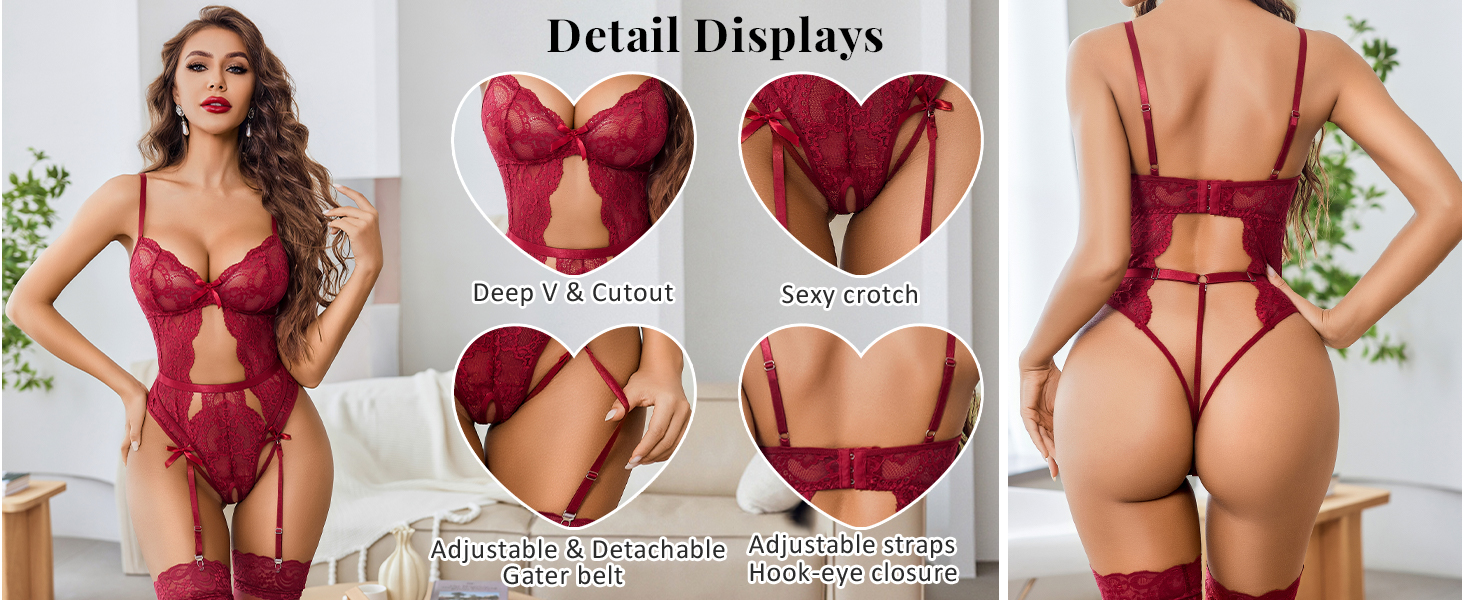 Seuke Sexy Lingerie for Women Lace Bodysuit with Panty Garter Lingerie Set Teddy Lingerie