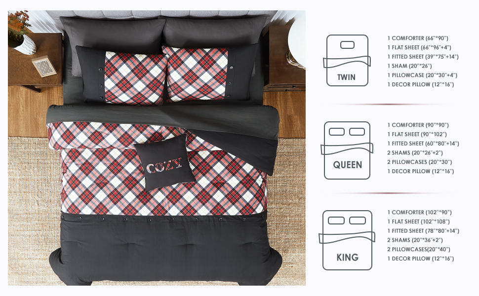 WRENSONGE Plaid Twin Comforter Set, 6 Pieces Red Printed