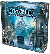El texto dice «MISTERIO». Caja de juego de mesa que muestra la mística escena de una mansión en tonos azules con elementos fantasmales. Varias vistas del embalaje que muestran obras de arte atmosféricas.