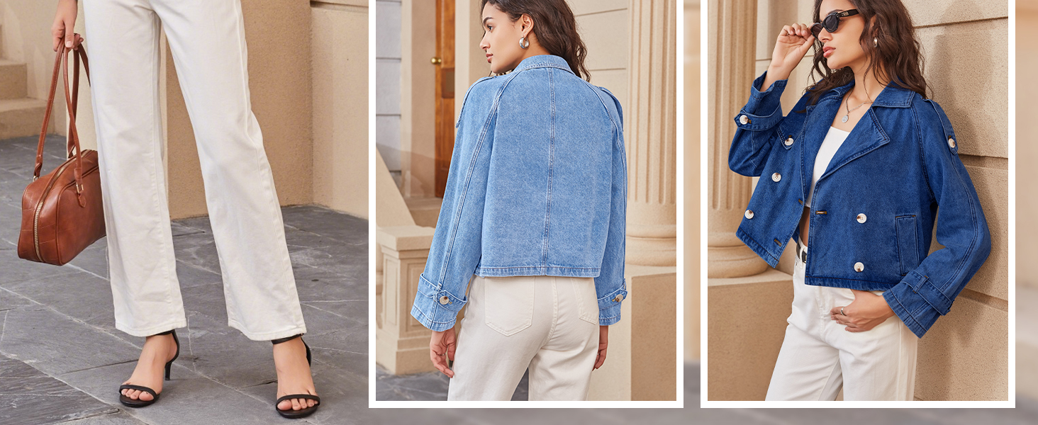 Denim Jacket for Women Cropped Trench Coat Double Breasted Lightweight Jean Jackets Casual Outerwear