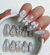 VESWEET Silver Gradient Cat Eye Press On Nails – 24PCS Medium Almond Fake Nails with 10 Sizes, 3D...