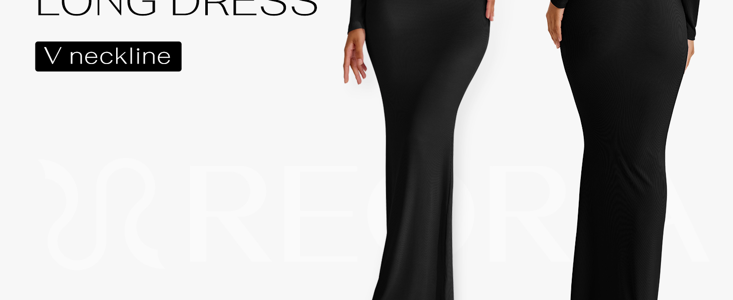 REORIA Women's Sexy V Neck Long Sleeve Maxi Dress Casual Lounge Ribbed Bodycon Long Dresses