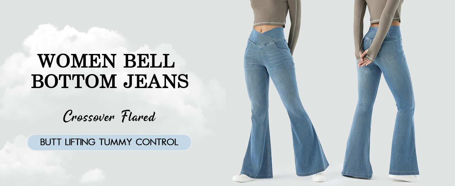 Bell Bottom Jeans for Women High Waisted Flare Jeans Pull On Crossover Flared Pants with Pockets