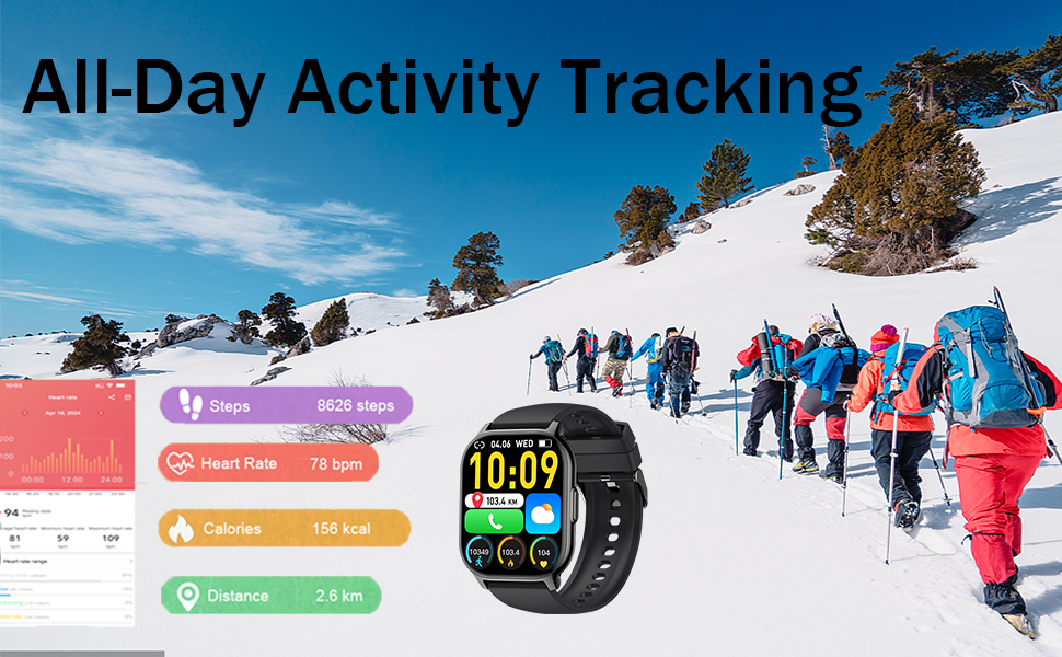 Digital fitness smartwatch with activity tracking interface shown against winter snow scene with hikers. Display shows colorful fitness metrics and time.