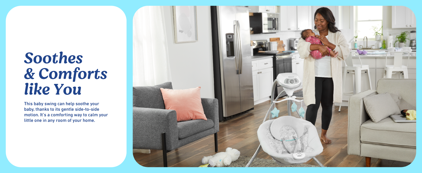 Graco simple sway swing soothing comfortable engaging cozy songs sounds side-to-side swaying calm