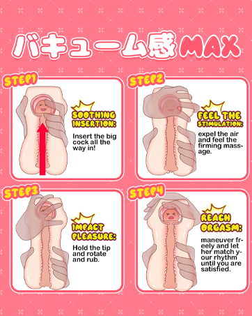 Lehrdiagramm mit vier Schritten, das Handgesten und anatomische Illustrationen zeigt, präsentiert auf rosafarbenem Hintergrund mit japanischem Text