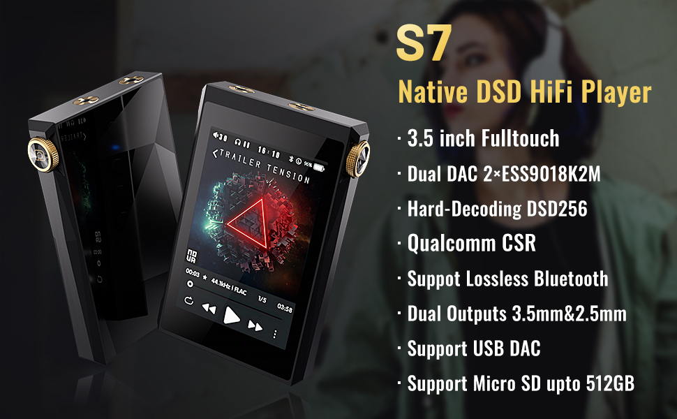 Phinistec S7 HiFi MP3 Player with Bluetooth, Lossless