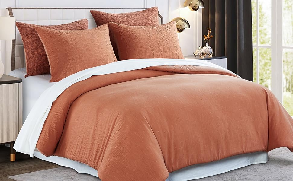 SOFTPAGE Cotton Linen King Comforter Set, Burnt Orange