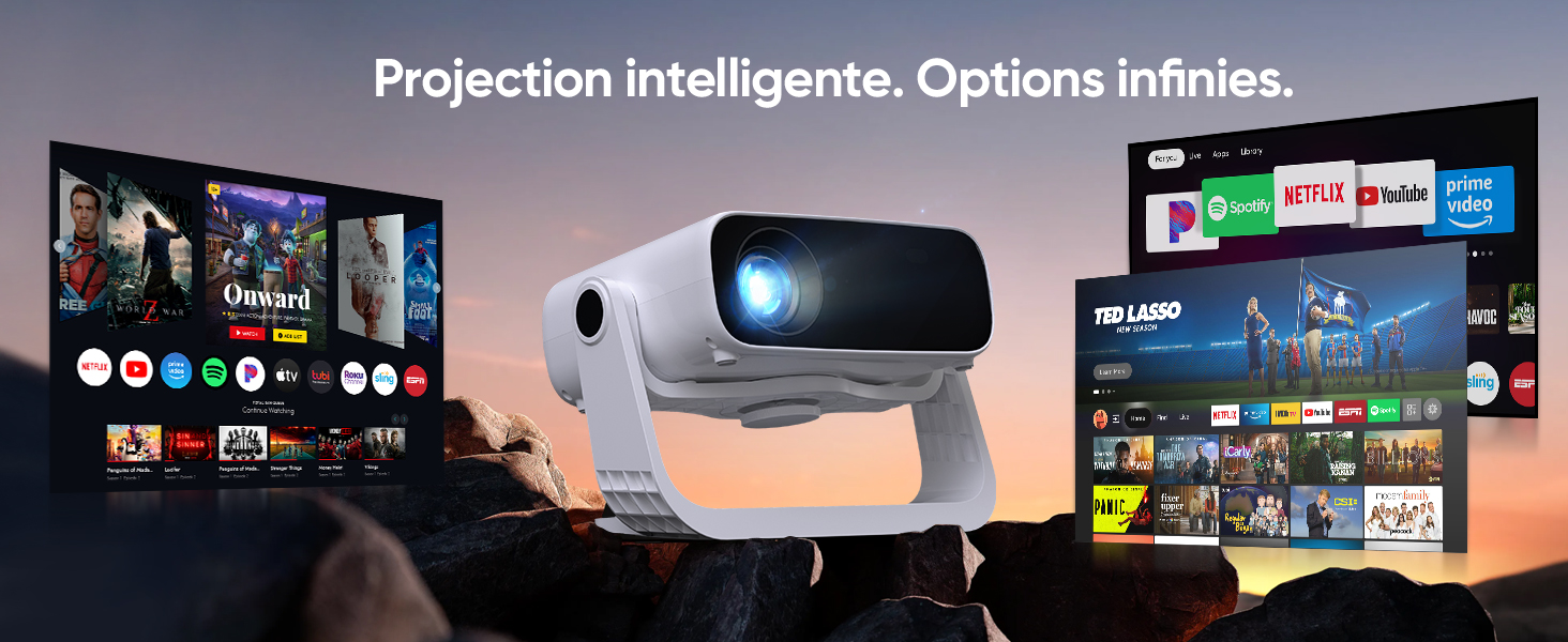 Le texte indique « Image 7 » et « Projection intelligente ». Des options infinies. » Plusieurs écrans affichant le contenu projeté dans différents environnements et paramètres.