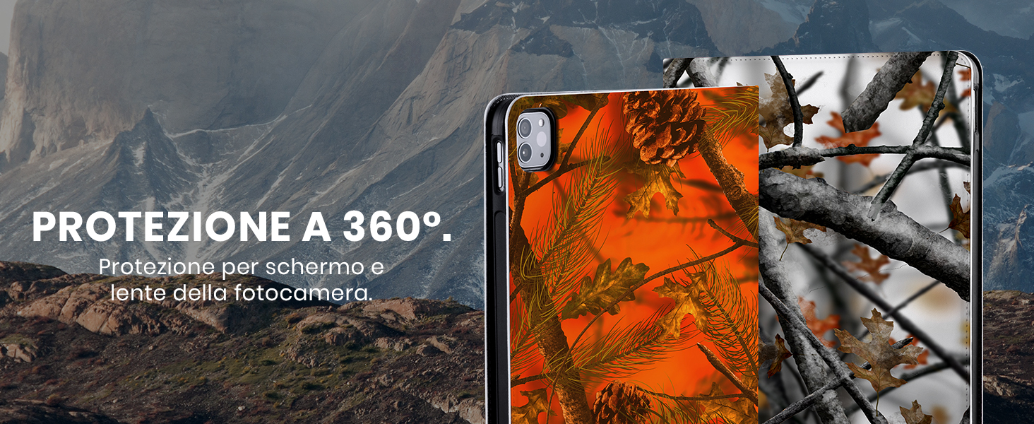 Il testo recita «PROTEZIONE A 360°». Custodia per telefono o custodia protettiva mostrata su uno sfondo mimetico colorato di arancione