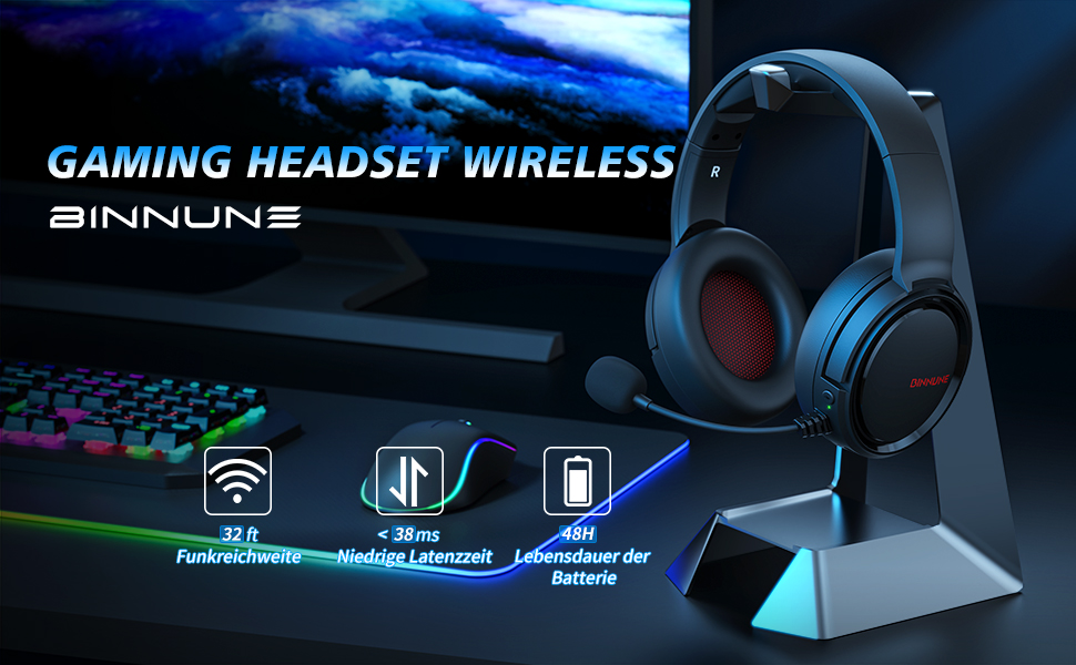 BINNUNE Gaming Headset Wireless mit Mikrofon für PC PS4 PS5 Playstation