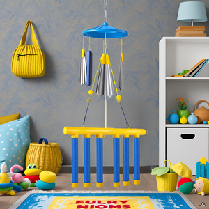 A product on a wooden table surrounded by colorful blocks and toys.