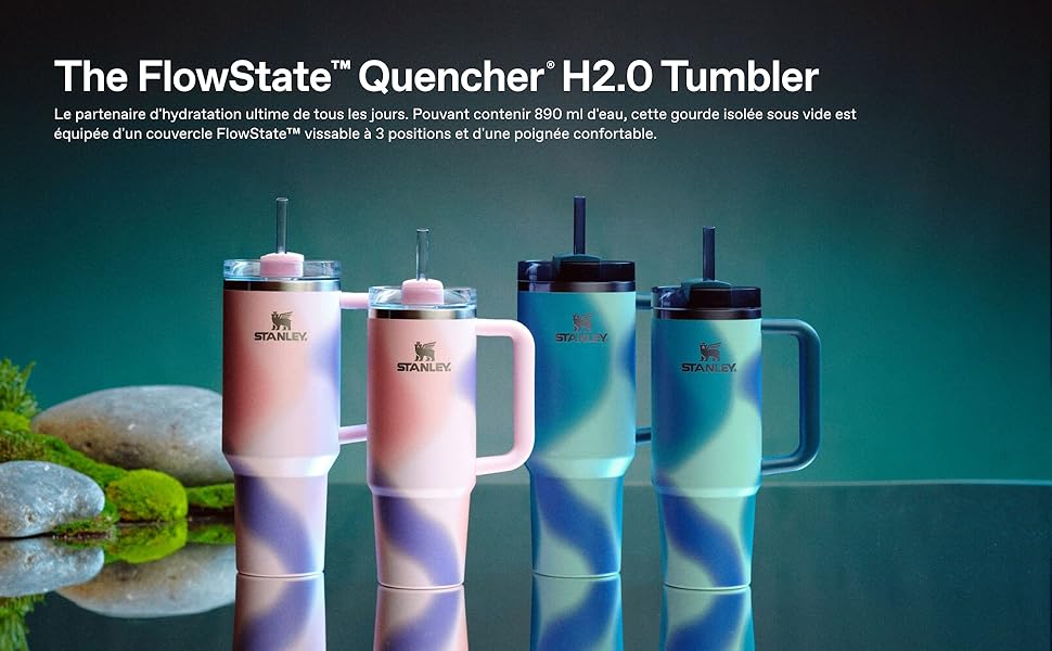 Le texte indique « Le gobelet FlowState™ Quencher H2.0 ». Plusieurs vues de gobelets en acier inoxydable aux couleurs pastel affichées sur un fond dégradé turquoise.