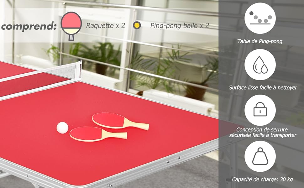 RELAX4LIFE Table De Ping-Pong Pliable Avec 2 Raquettes, Table De Tennis Portable Avec 2 Balles Et Filet Pour Intérieur/Extérieur, Armature En Alu Et 6 Pieds Antidérapants, 152X76X76CM, Rouge 13 3