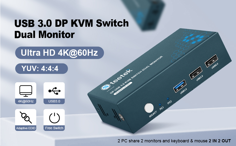 Steetek USB 3.0 Displayport KVM Switch Dual Monitor, 4K60Hz 2 Monitors 2 Computers