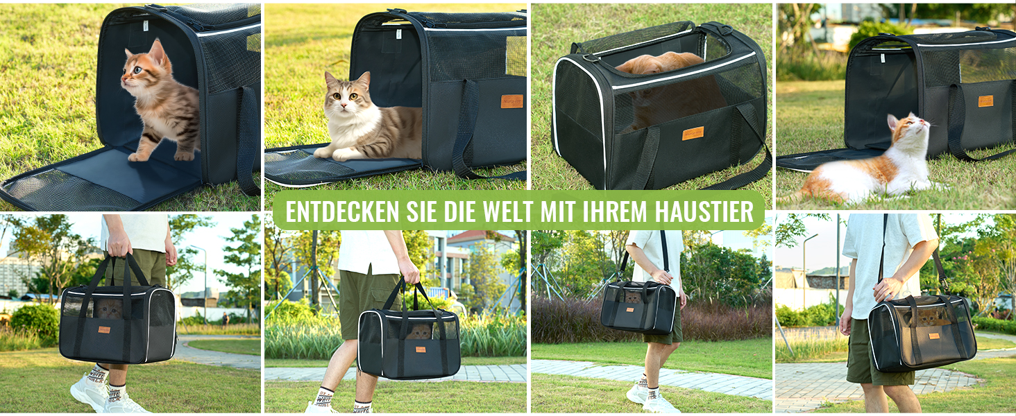 Collage einer Tragetasche für Haustiere: graue Tasche mit weichen Seiten und Netzeinsätzen. Zeigt die Katze drinnen, von einer Person getragen, und im Freien. Deutscher Text sichtbar