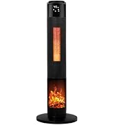 Freistehende Elektroheizung mit leuchtend orangefarbenem Heizelement, mit einem zylindrischen schwarzen Turmdesign und realistischem Flammeneffekt-Display.