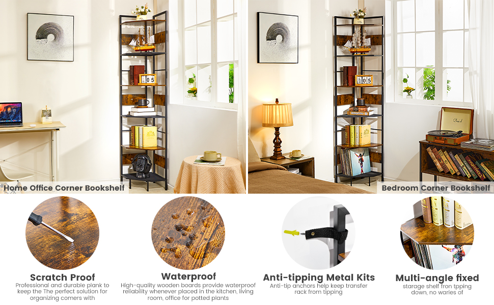 MAWEW Tall Corner Shelf, 6 Tier Rustic Corner Bookshelf, 78