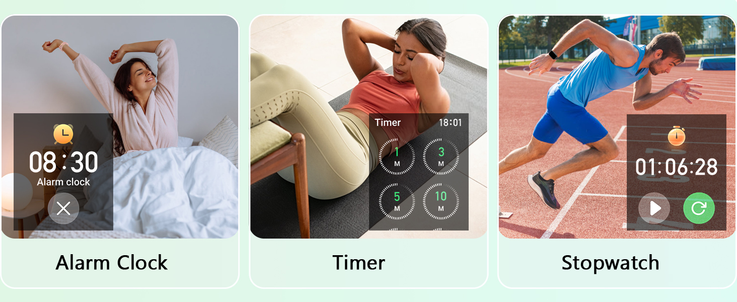 Smartphone app interface displaying three fitness tracking features: alarm clock, timer, and stopwatch. Each feature is illustrated with a corresponding activity image.