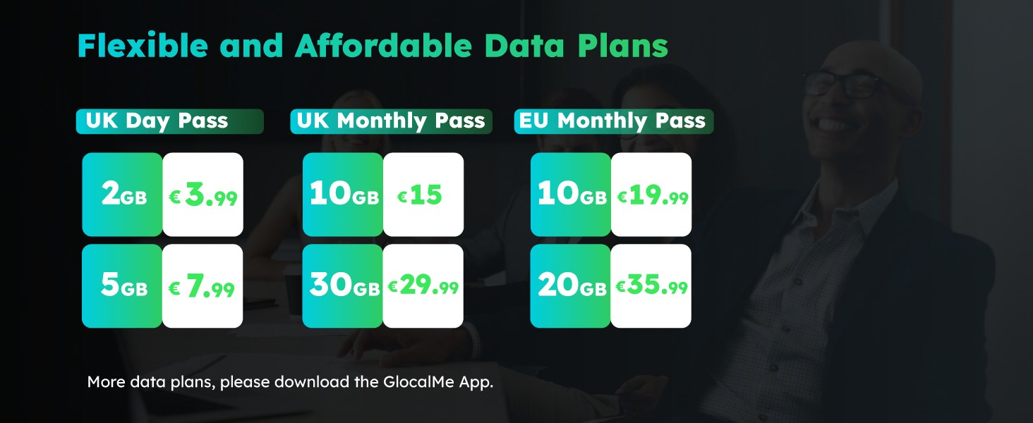 Data plan pricing table displaying flexible options for UK Day Pass and Monthly Pass with varying data allowances and prices.