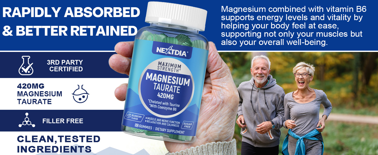 Magnesium Gummies, Magnesium Taurate 420mg w/Vitamin B6, Sugar Free Chelated