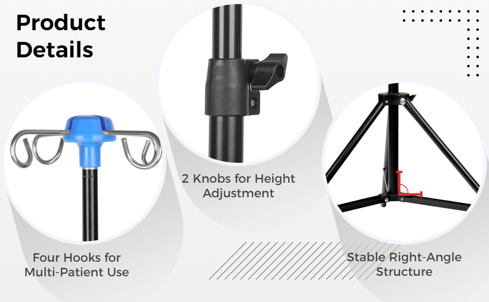 IV Pole Stand with 4 Hooks, 3 Net Bags & 1 Storage Bag, Retractable