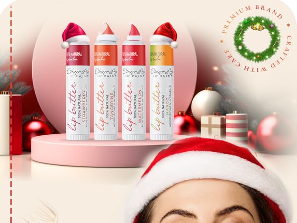 Lip Balm Hydrating Bulk Chap Stick with Fruit Flavors, Coconut Oil, Cocoa Butter - Christmas