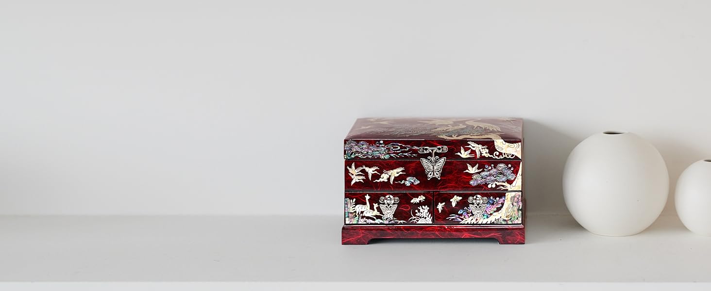 MADDesign Mother of Pearl jewelry box keepsake organizer with drawers crane red on the shelf