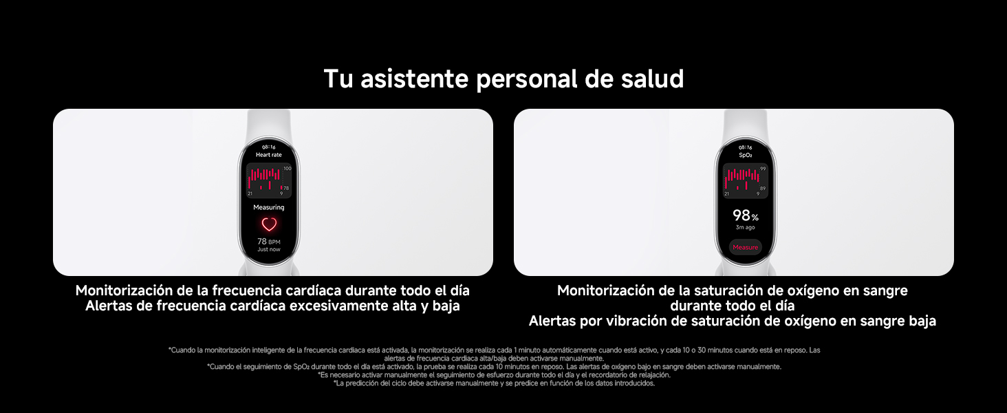 El texto dice «Tu asistente personal de salud». Dos monitores de actividad física negros idénticos que muestran la interfaz de monitoreo de la salud.